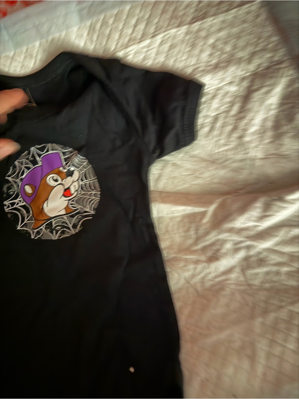 Black Kids One-Piece Bodysuit with Cartoon Character and Purple Hat